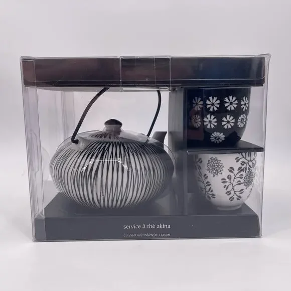 Pier 1 Imports AKINA Tea Pot Four Cup Set Porcelain Black White Pattern NEW - Picture 3 of 10